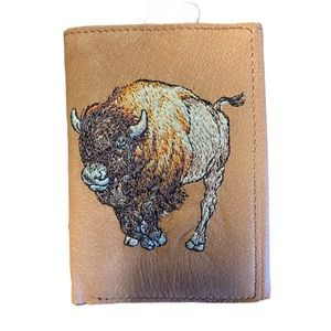 Leather Trifold Embroidered Running Bison Wallet NWT